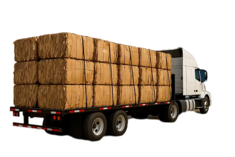 Camión trasporta pacas de PET de 450 kg - 500 kg de una prensa compactadora para PET